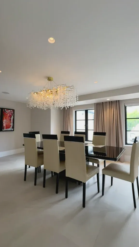 Formal dining room with statement chandelier