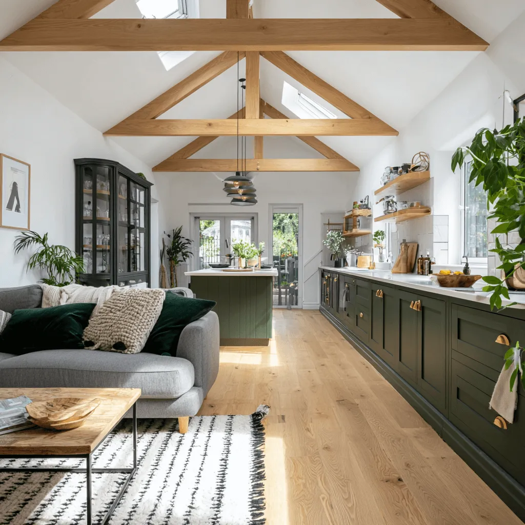 Vaulted open-plan living space with exposed oak trusses and green shaker kitchen