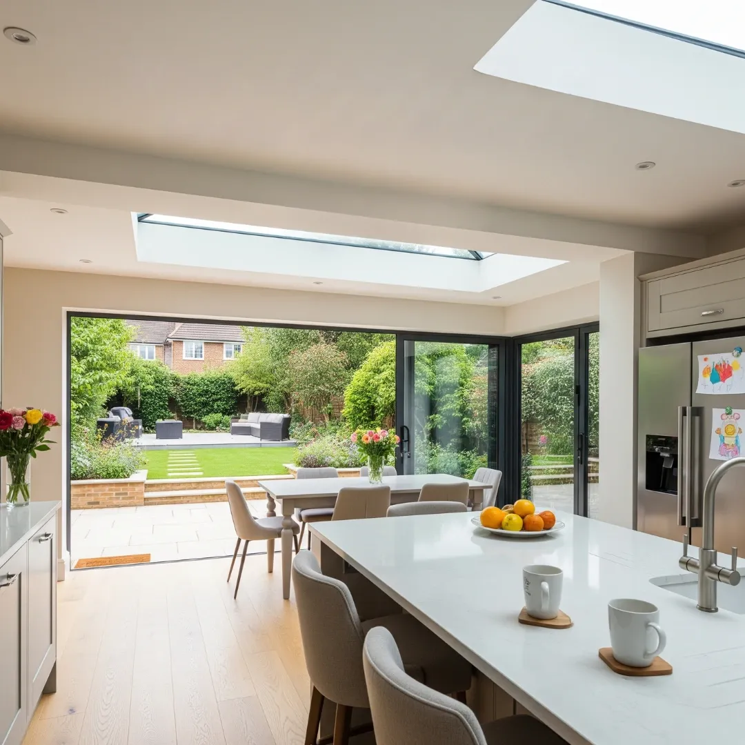 Bright open-plan kitchen extension with roof lanterns and bifold doors to the garden